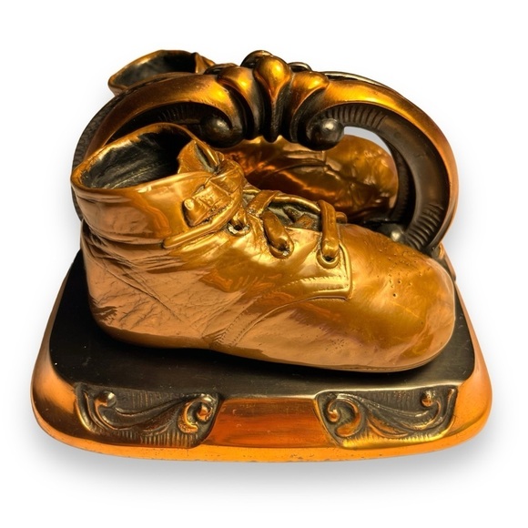 Antique VTG Bronze Copper Baby Shoe Bootie Keepsake Bookends Nursery Decor Heavy - Picture 7 of 16